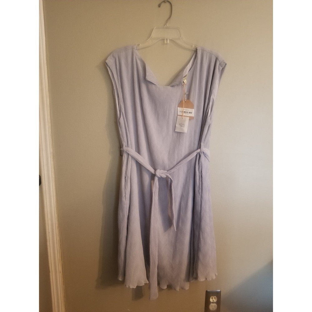 Light blue periwinkle knee length belted cap sleeve sheath dress tie waist L XL